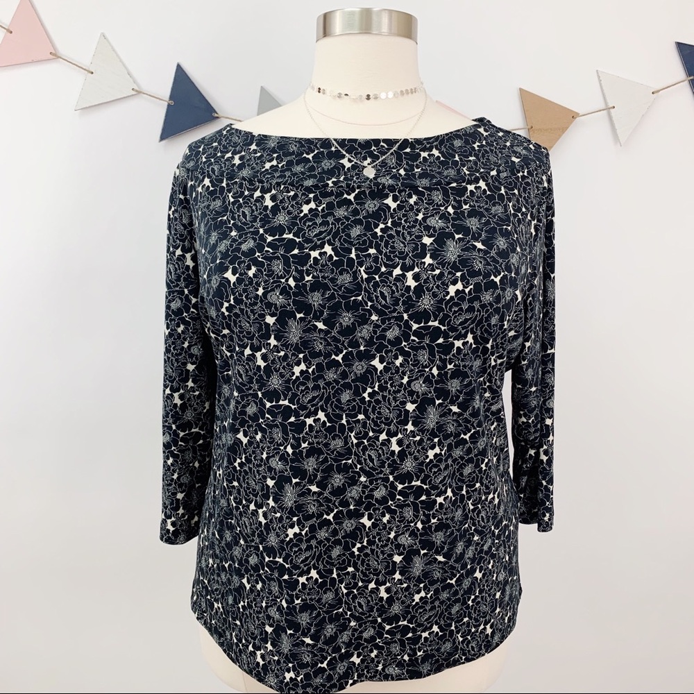 Black & Ivory Floral Print Boat Neck Plus Size Top